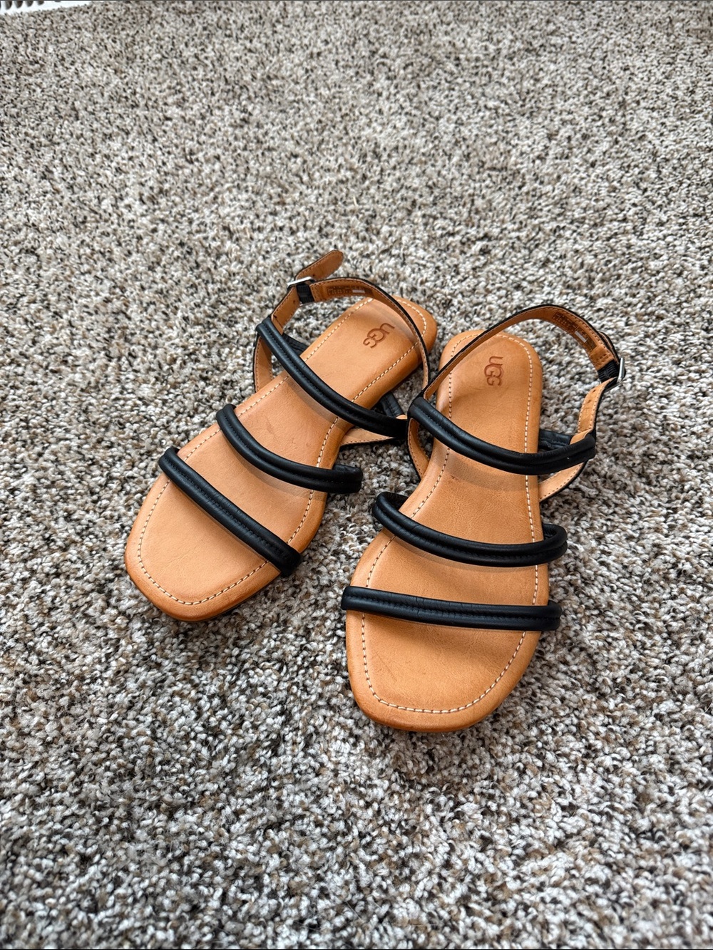 UGG Kids Tan Footbed with Black Triple-Strap Sandals